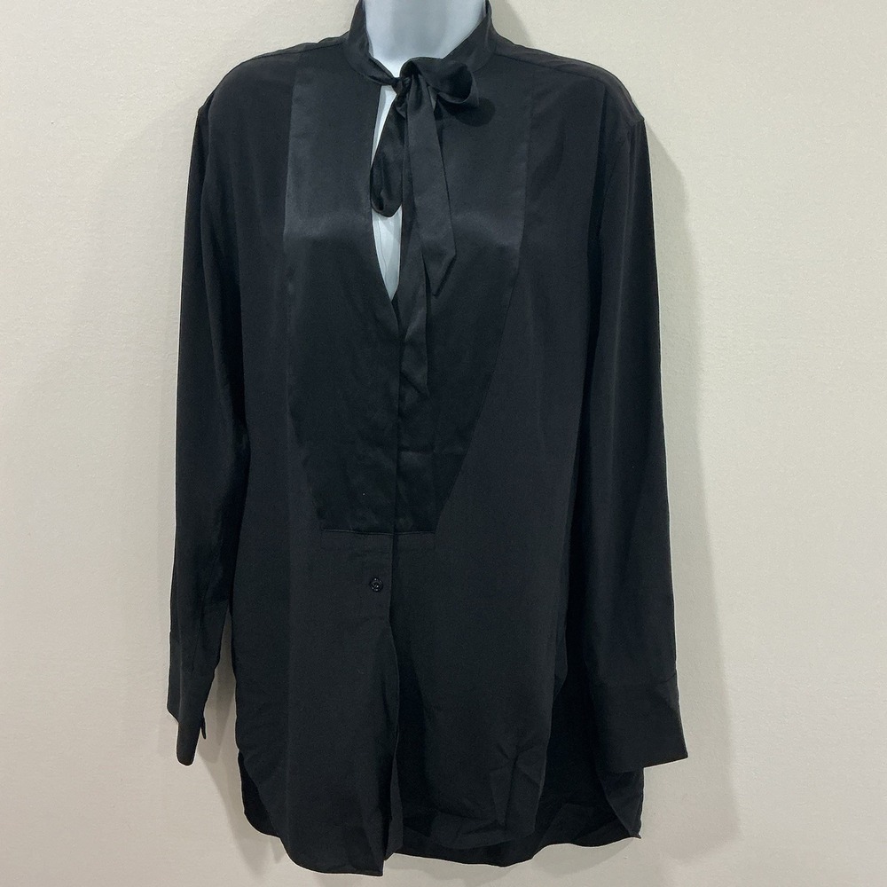 Rag & Bone Women Blouse Black Silk Satin Bow Button Up Long Sleeve Size M
